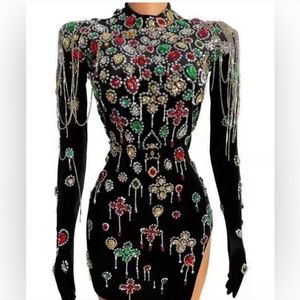 Embellish glove black red green chain rhinestone velvet mini dress size small